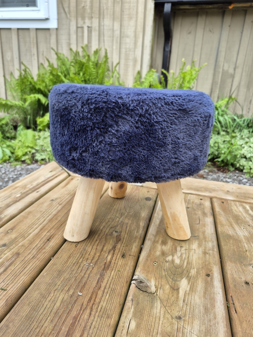 Plush Navy Faux Fur Footstool with Wooden Legs 11" Like New